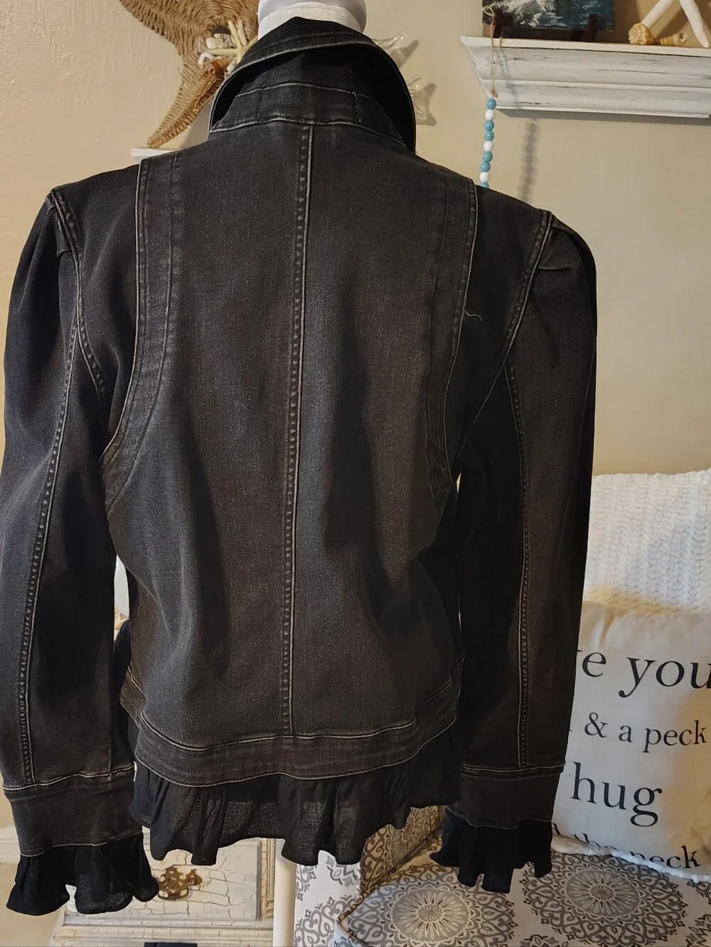 Free People Black Ruffle-Trim Suki Denim Jacket Boho Festival Cropped - Picture 7 of 10
